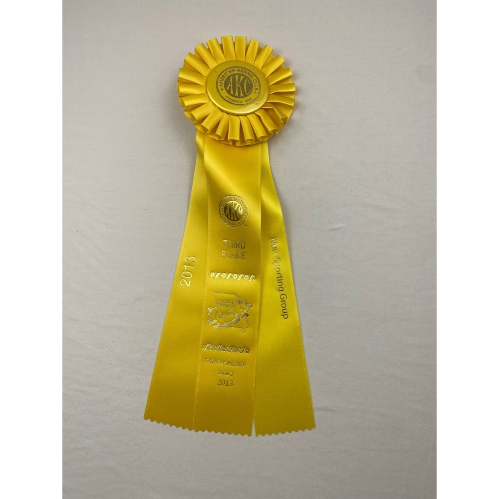 AKC Dog Show Ribbon 2013 Missouri Rhineland Kennel Club 3rd Place Yellow Rosette